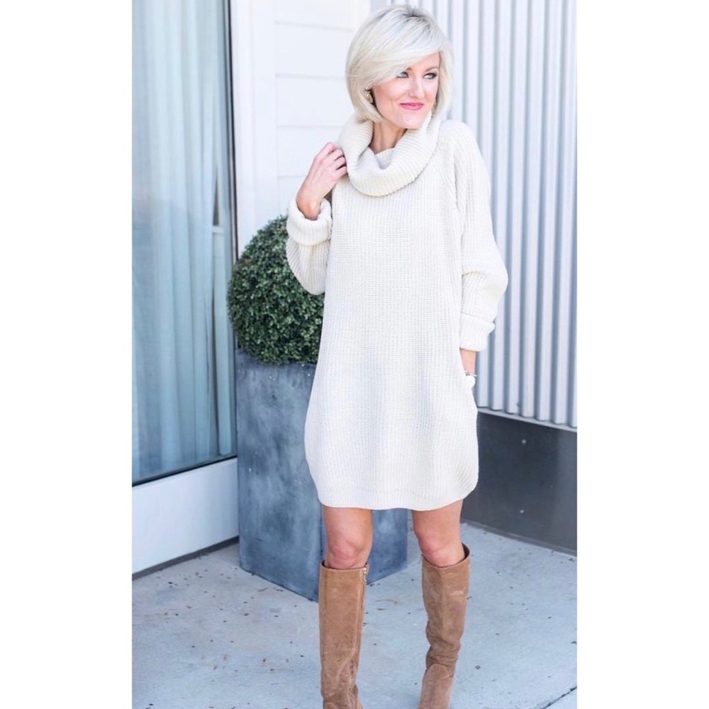 Beige Turtleneck Knit Dress One Size